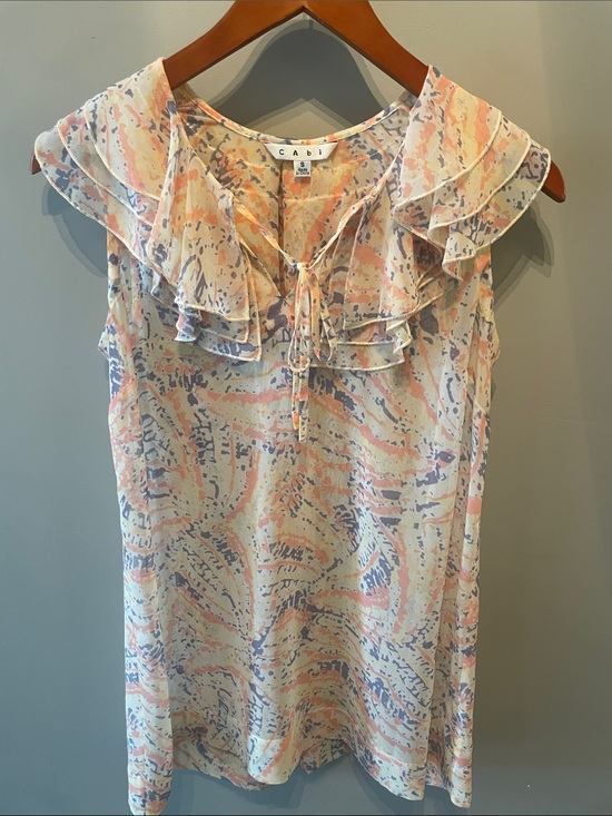 CAbi Tops - CAbi Sheer Pastel Ruffle Tie-Neck Sleeveless Blouse Size Small‎